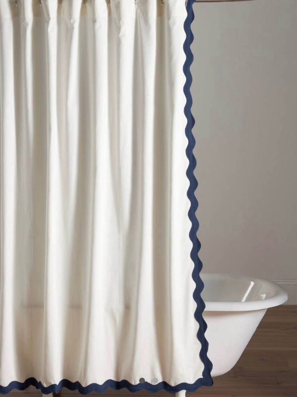 Anthropologie Ivory Shower Curtain with Navy Scalloped Trim